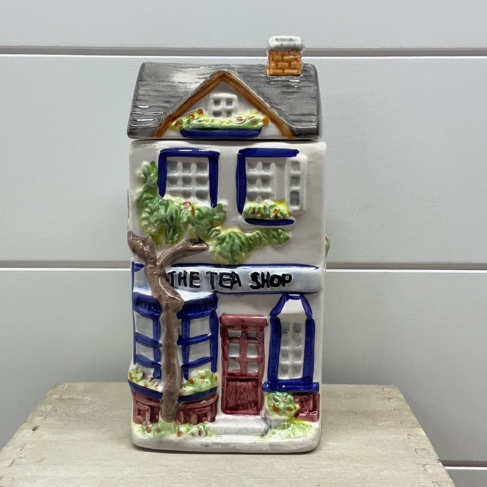 The Tea Shop Ceramic House Canister Hand Painted Cottage Tea Jar White Blue 7in